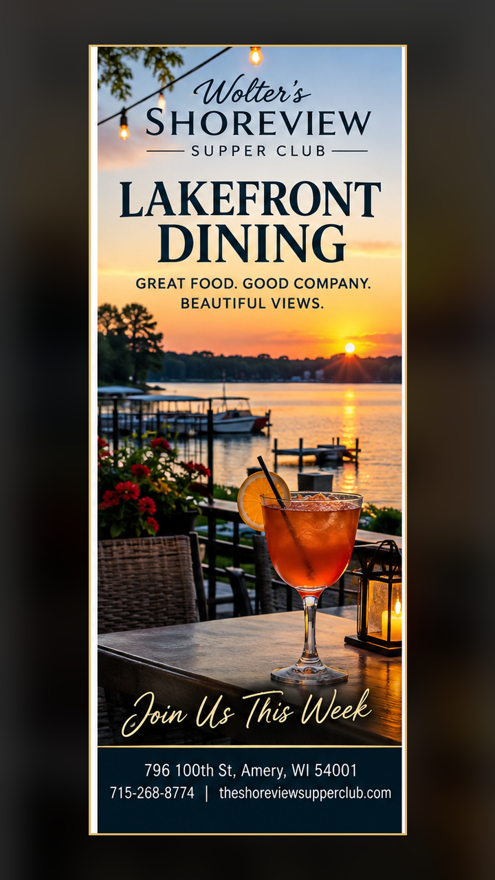Shoreview Supper Club promotional image with business address and contact information